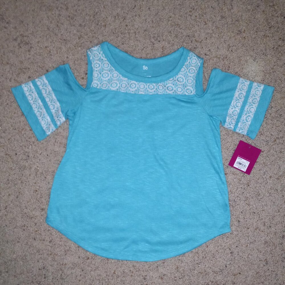 SO Girls Peekaboo Shirt Teal with Crochet Lace Size 10 NWT